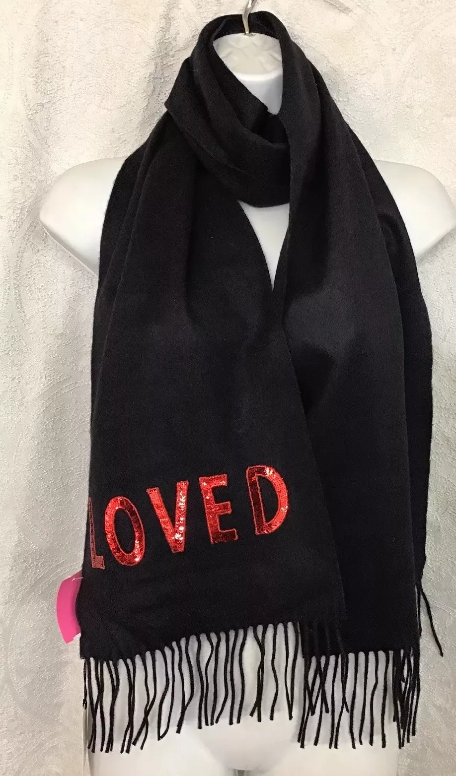 Foulard bien aimé Gucci longue noire cachemire/soie frange rouge paillettes aimé neuf avec étiquettes