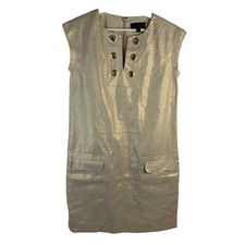 J Crew Sz 2 Dress Beige Gold Metallic Linen Shift Grommet V-neck Cap Sleeve Work