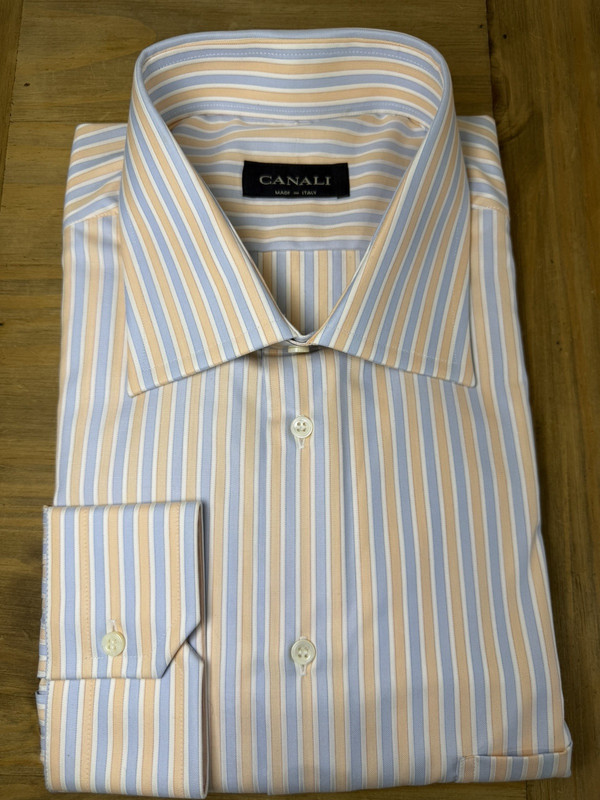 NIB Canali Dress Shirt Italy Men's 46 18 Long Sleeve White Blue Orange Stripe
