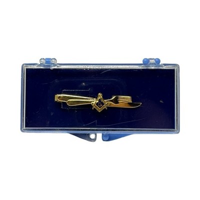 Vintage 70s Masonic Fork Knife Tie Clip Gold Tone Freemason Tie Bar w/ Box