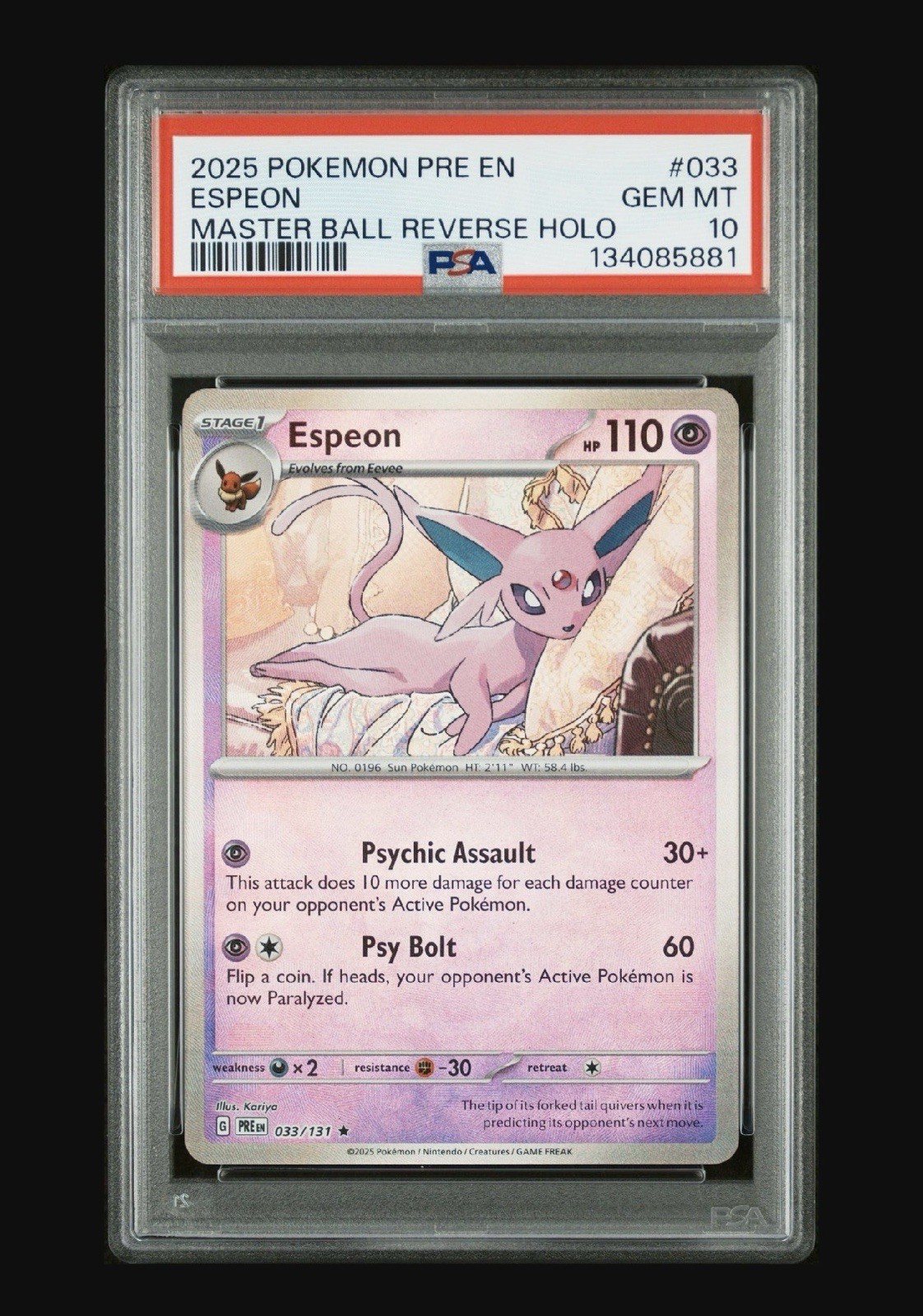 Espeon Master Ball Pattern 033/131 Prismatic Evolutions Holo Psa 10