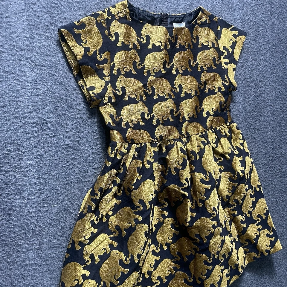 CREWCUTS Girls Tribal Elephants Summer Dress Black Gold Print Size 4 Back Zip - Image 2 of 4