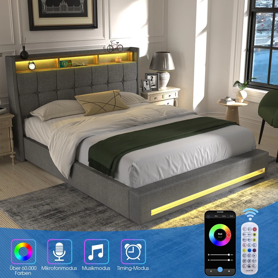 Polsterbett 140x200cm Doppelbett Stauraumbett Bettgestell mit USB/LED Lattenrost - Bild 2 von 4