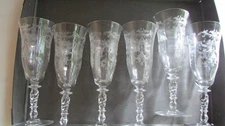 Tiffin Franciscan Etched Byzantine Clear Stem Champagne Tall flutes 7”