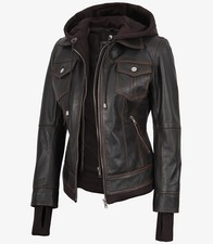 Women's Real Leather Distressed Brown Bomber Jacket with Removable Hood