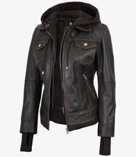 Women's Real Leather Distressed Brown Bomber Jacket with Removable Hood