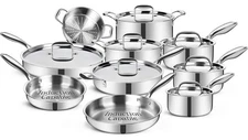 EWFEN Stainless Steel Cookware Set, 3 Ply 17 Piece Stainless Steel Pot and Pa...