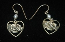 925 Sterling Silver Rose and Heart Shaped Dangle Earrings 3/4"