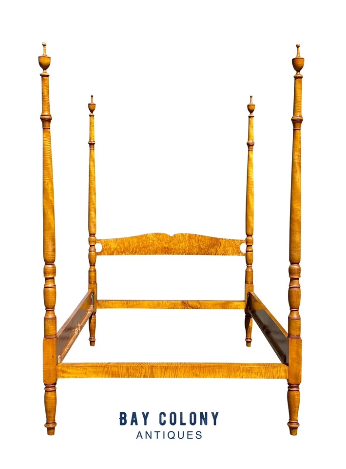 Винтажная полноразмерная кровать с четырьмя плакатами в федеральном стиле из тигрового клена - Изображение 2 из 4