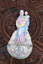 Antique bisque porcelain madonna child holy water font plaque