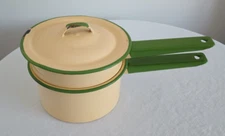 GRANITE/ENAMEL WARE DOUBLE BOILER WITH LID ~ Yellow With Green Trim, 5 3/4" Dia.