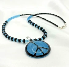 Peace Sign Pendant Necklace Hand Blown Glass Silver Hippie 1960s Love Bohemian