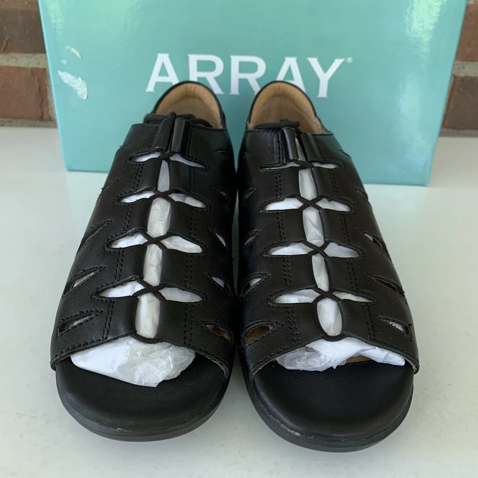 ARRAY Women’s Beverly Black Leather Cage Sandals Low Heel Size US 7 N Narrow NEW - Image 3 of 4