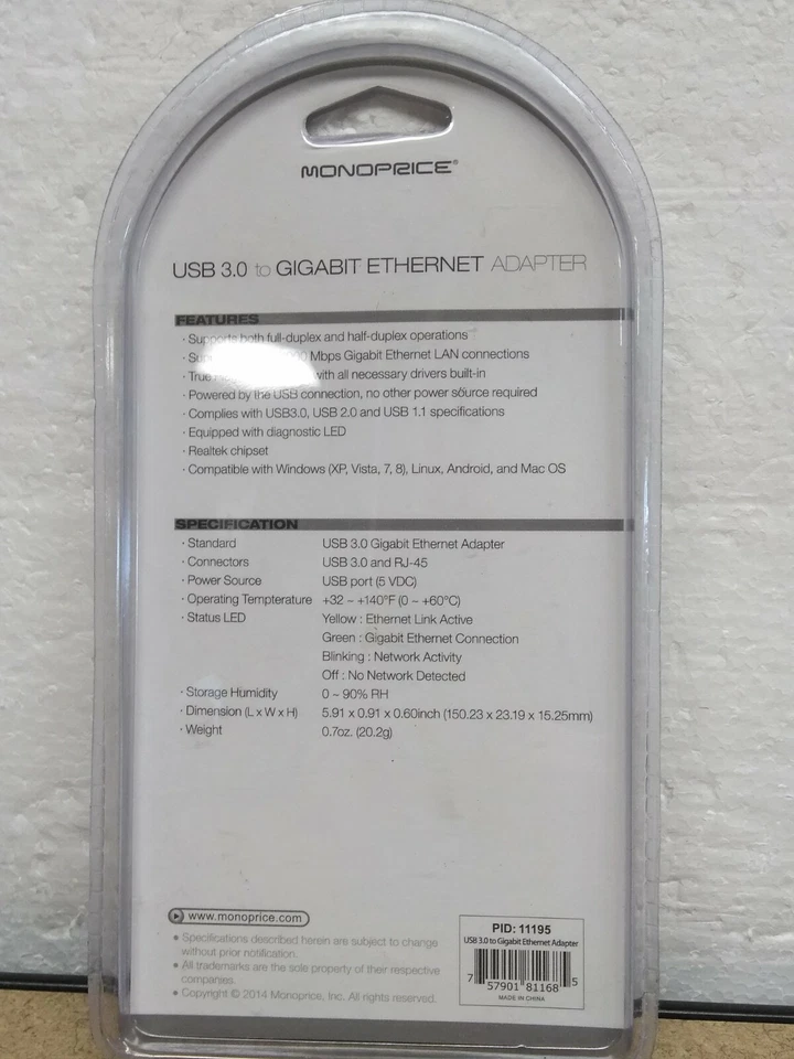 1x Monoprice USB 3.0 to Gigabit Ethernet Adapter - Image 2 of 3