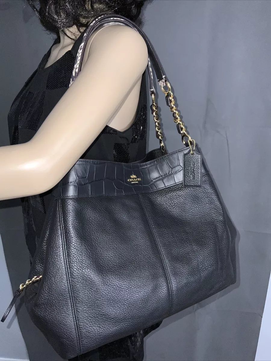 Black genuine exotic leather handbag with chain strap