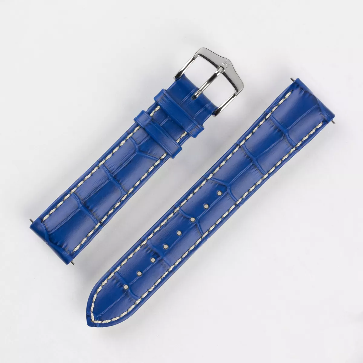 Hirsch MODENA Alligator Emboss Leather Watch Strap in ROYAL BLUE White Stitch