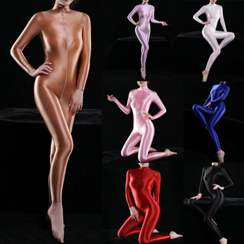 Womens Sexy Shiny Bodysuit Catsuit Leotard 2-Way Zipper Silky Playsuits Clubwear - Picture 1 of 19