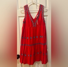 LOFT Red Blue Embroidered Sleeveless Cotton Sundress V-Neck Geometric XS