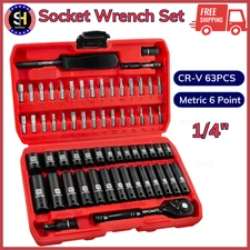1/4" Drive Socket Wrench Set Metric Impact Socket,CR-V,72T Ratchet Handle,63PCS
