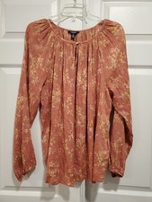 CHAPS Womens Blouse Peasant Boho Gauzy Peek-a-Boo Neck Long Sleeve Floral Large
