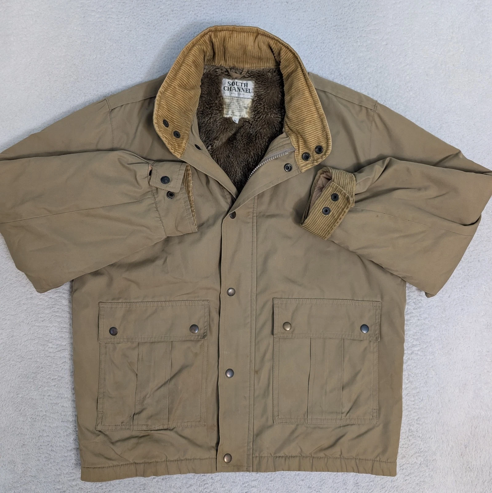 South Channel Mens Jacket Faux Fur Lined Hip Length Coat Tan Hidden Hood Size M