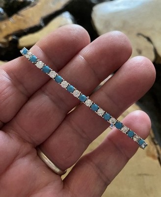 Natural Turquoise & CZ 3mm Round Cut Tennis Bracelet 14K Gold Plated 7 