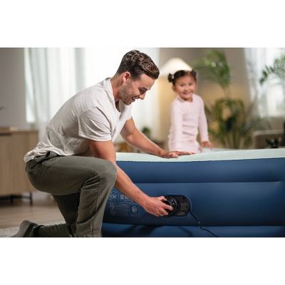 INTEX ELEVATED 18" PILLOW REST QUEEN AIR MATTRESS, INTERNAL PUMP, OFF-WHITE/BLUE