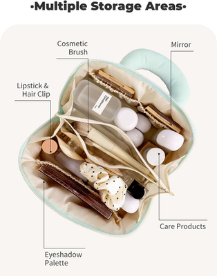flat makeup travel bag Telena Leather Make Up Portable Bag Waterproof Cosmetic Bags for Women Large Capacity With Handle and Divider Open Lay the bag can be stacked with other box bags Numhew Travel Makeup Bag in