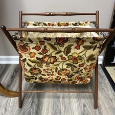 1960s Vintage Sewing Caddy Basket With Wooden Folding Frame 21” tall Floral 