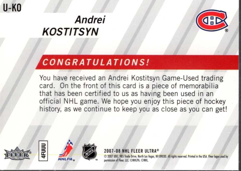 2007-08 Ultra Uniformity #UKO Andrei Kostitsyn Jersey - HKY - Image 2 of 2