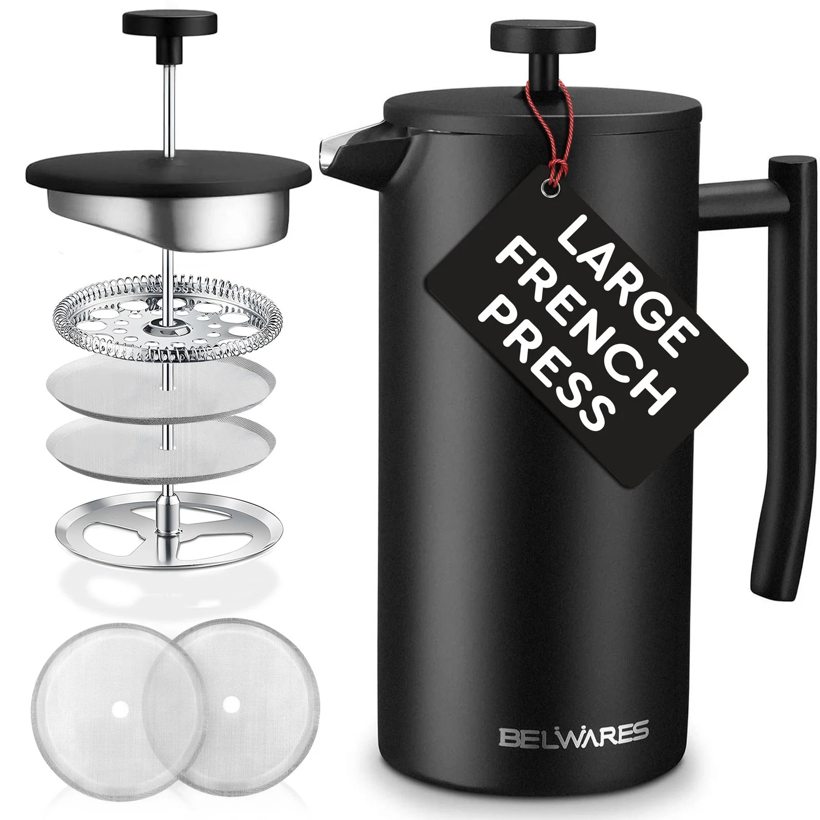French Press Coffee Maker - Large 50oz 6-Cup, 304 Stainless Steel Coffee Pres...