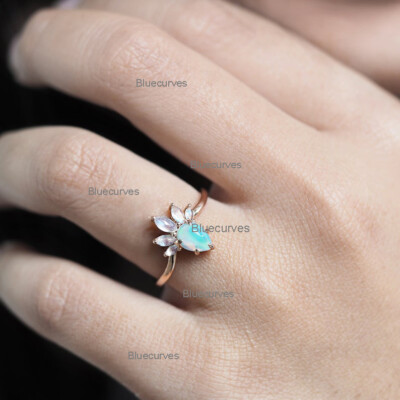 14k Yellow Gold Pear Opal Marquise Moonstone Crown Wedding Ring Fine  Jewelry