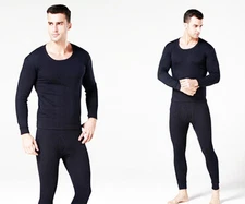 Mens 2pc Thermal Underwear Set Long Sleeve Heave Fleece Top Bottom Black M