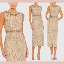 NWT Mac Duggal 8 Embellished Sleeveless High Neck Midi Dress Gold J1179