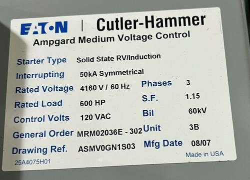 ECH AMPGARD MEDIUM VOLTAGE CONTROL SOLID STATE RV/INDUCTION 4160V / 60HZ