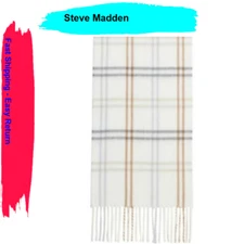 Steve Madden Women's Mid Weight Cozy Plaid Muffler Scarf, White/Brown