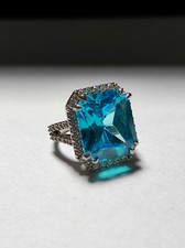 Fine Emerald Cut Sky Blue 17.65CT London Blue Topaz With Halo Clear CZ Rare Ring