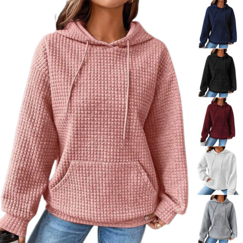 Womens Plaid Long Sleeve Hoodie Sweatshirt Casual Loose Jumper Pullover Tops New - Picture 1 of 18