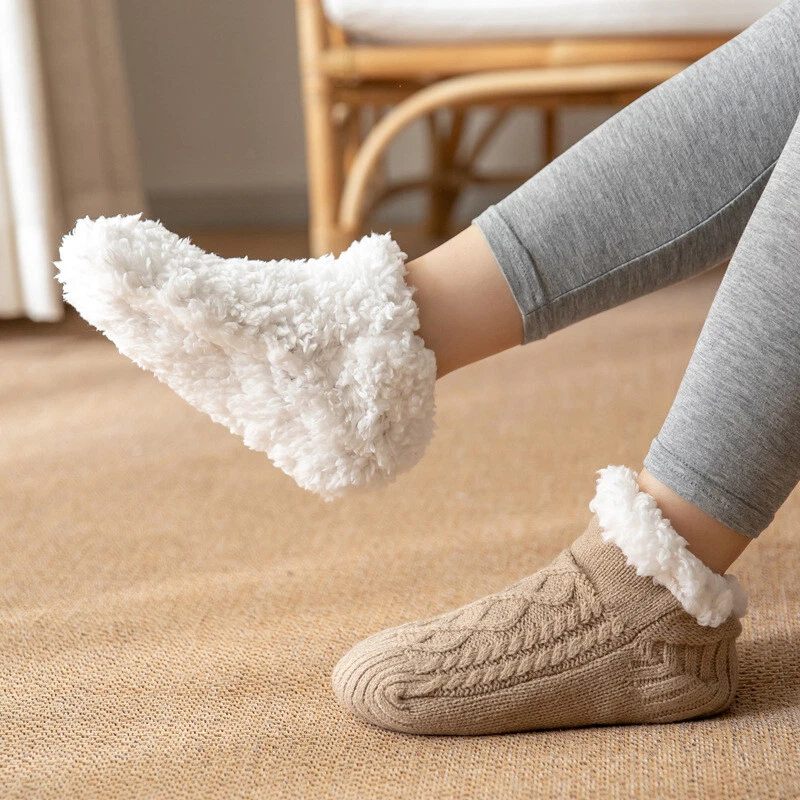 1 Pair Lady Non-slip Warm Knit Sherpa Lined Slipper Socks Soft