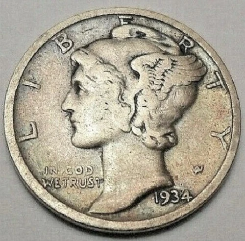 1934 P Mercury Dime circulated 90% Silver Fine F