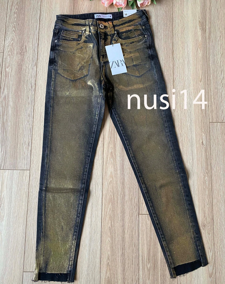 ZARA NEW WOMAN Z1975 SKINNY MID RISE FOIL JEANS PANT FRAYED BLACK GOLD 1934 025