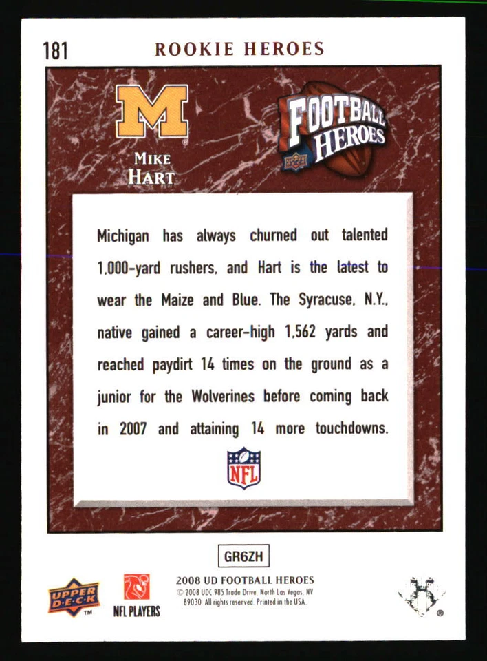 Mike Hart 2008 Upper Deck Heroes #181 FOOTBALL Card - Image 2 of 2