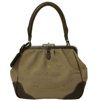 Auth PRADA Logo Jacquard Handbag Bag Khaki BR3481 Women's Canvas