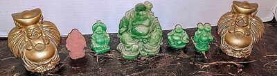 Vintage Buddha Statue Lot 7- Green+ Pink Jade Like Buddha Statues & Gold Tone 