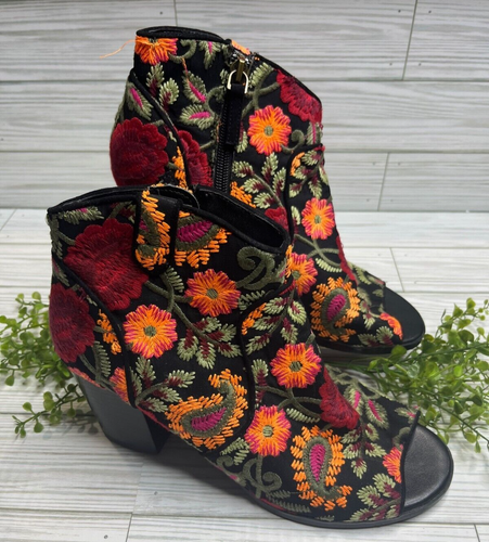 Crown Vintage FRANKIE Floral Embroidered Open Toe Booties Size 8.5M Black Boho - 第 1/5 張圖片
