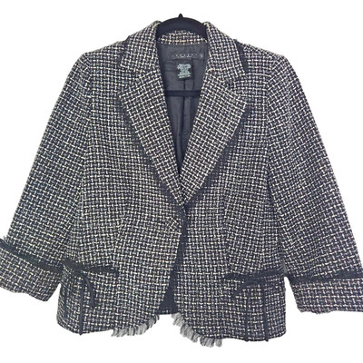 LAUNDRY by SHELLI SEGAL Sz 12 Houndstooth Tweed Fringed Short Blazer Jacket EUC