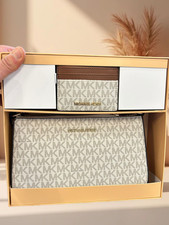 Michael Kors Medium Vanilla MK Signature Bag Pouch and Card Case Gift Box Set