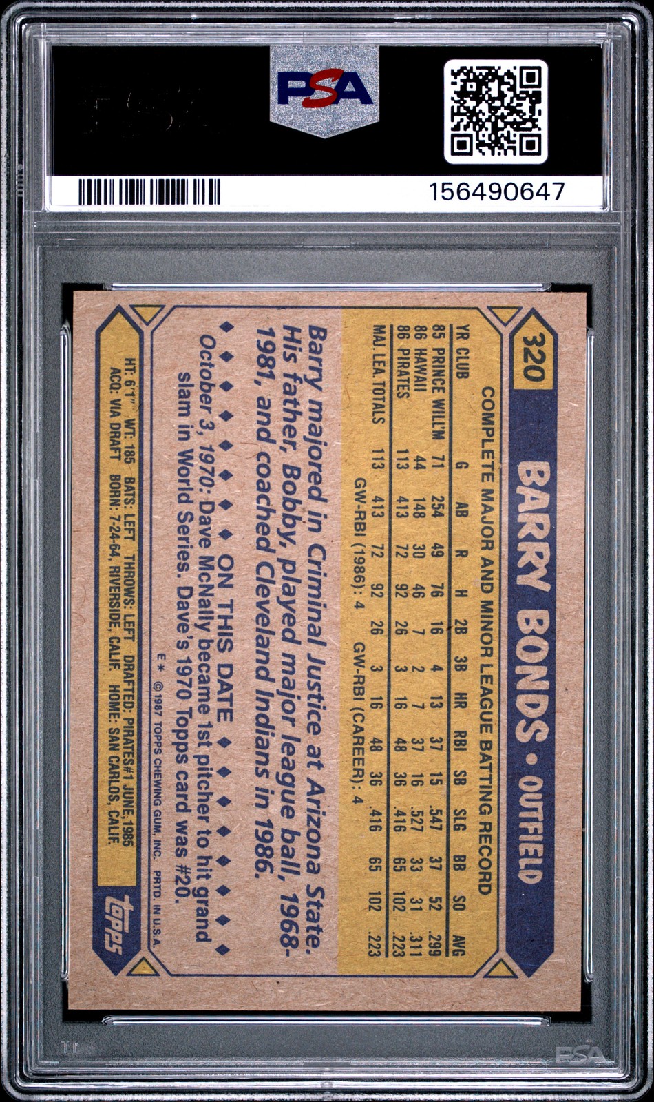 1987 TOPPS #320 BARRY BONDS ROOKIE RC PSA 7 view 2
