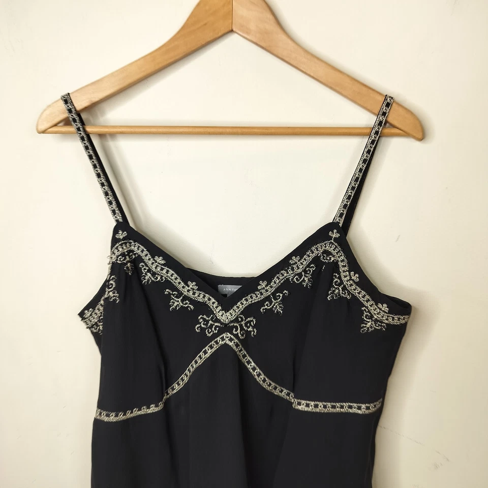 Ann Taylor Black Silk Tank Top Size 12 Women's Gold Embroidered + Beaded Cami - Image 2 of 4
