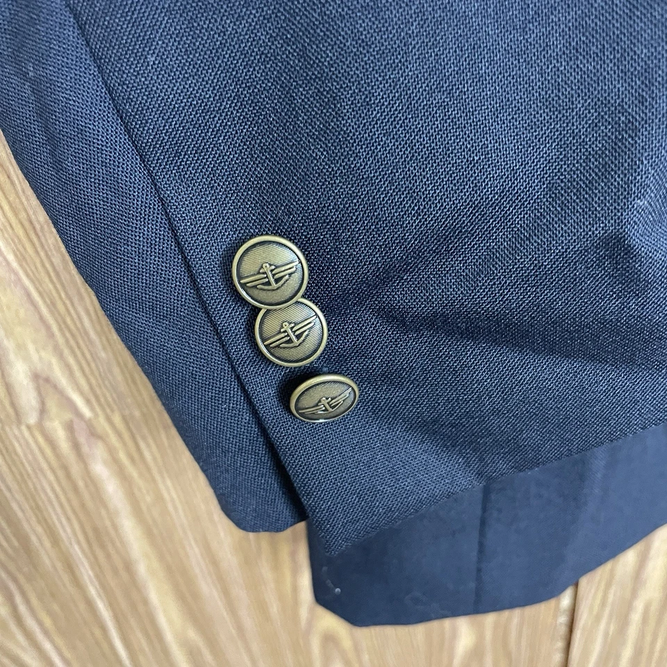 Dockers Blazer Jacket Mens 44L Navy Blue Solid Polyester Wool Dark Gold Buttons - Image 4 of 4